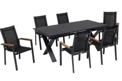 Sale Garten-Essgruppe, ® anthrazit matt, Alu / Spraystone / Teak, Tisch 180/280x100cm, 6 Stapelsessel Garten-Essgruppen