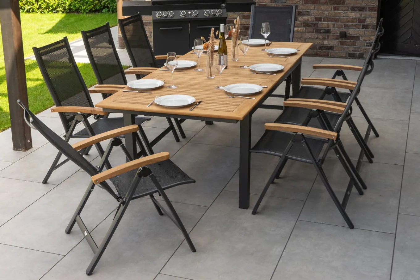 Discount Garten-Essgruppe, 8 Personen, ausziehbarer Tisch 180–240 cm, Aluminium/Teakholz FSC®-zertifiziert Garten-Essgruppen|Aluminium-Gartenmöbel