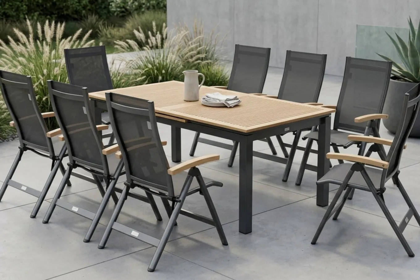 Discount Garten-Essgruppe, 8 Personen, ausziehbarer Tisch 180–240 cm, Aluminium/Teakholz FSC®-zertifiziert Garten-Essgruppen|Aluminium-Gartenmöbel