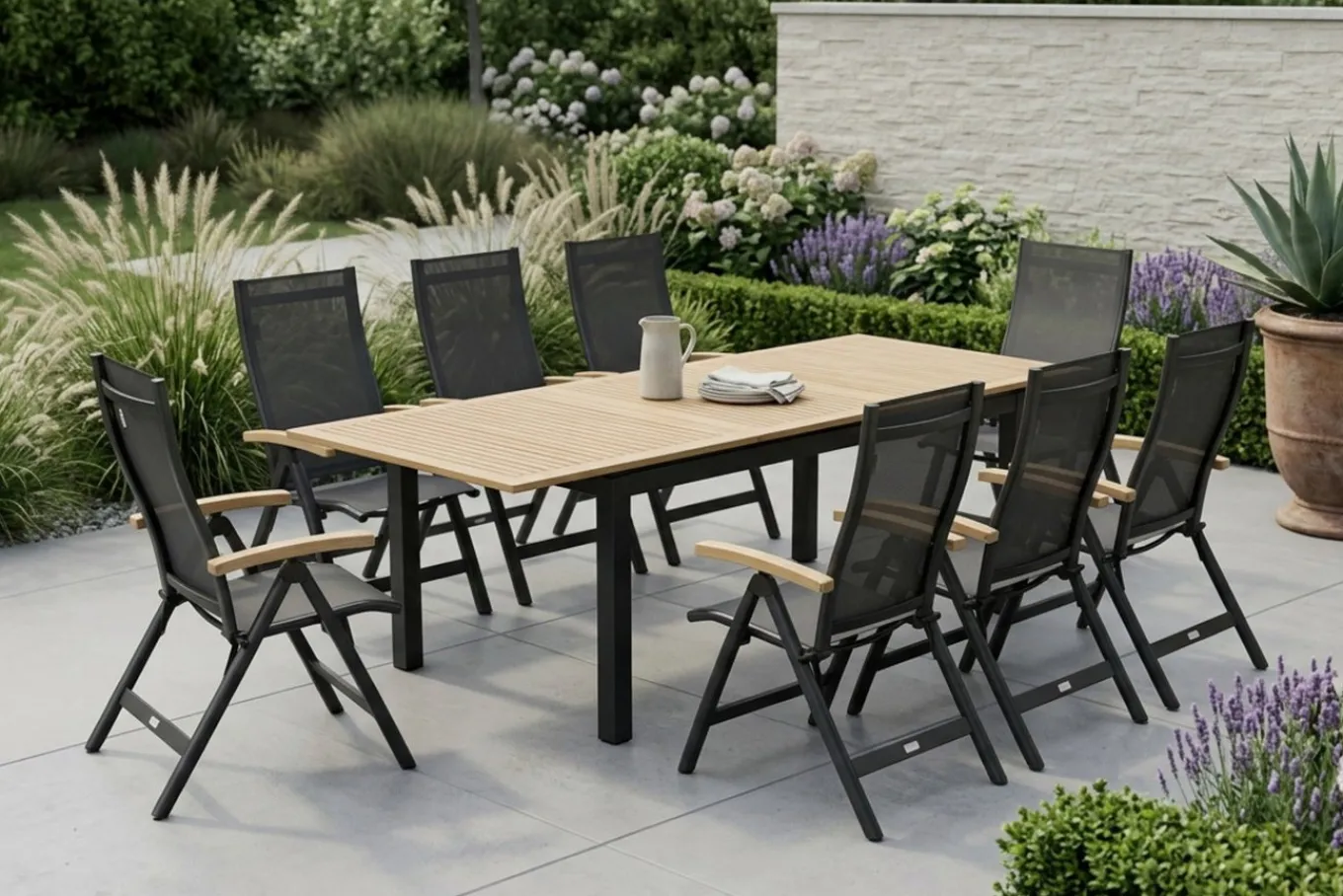 Discount Garten-Essgruppe, 8 Personen, ausziehbarer Tisch 180–240 cm, Aluminium/Teakholz FSC®-zertifiziert Garten-Essgruppen|Aluminium-Gartenmöbel