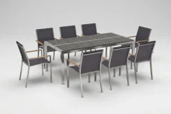 Online Garten-Essgruppe, schwarz/graphite, Edelstahl/Glaskeramik, Tisch 200x100cm, 8 Stapelstühle, witterungsbeständig Garten-Essgruppen