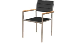 Outlet Garten-Essgruppe, schwarz, Edelstahl/Teak, Esstisch 180 x 90 cm, 6 Stapelstühle gepolstert Garten-Essgruppen|Edelstahl-Gartenmöbel