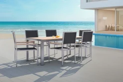 Outlet Garten-Essgruppe, schwarz, Edelstahl/Teak, Esstisch 180 x 90 cm, 6 Stapelstühle gepolstert Garten-Essgruppen|Edelstahl-Gartenmöbel