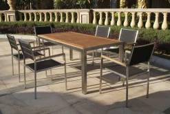 Outlet Garten-Essgruppe, schwarz, Edelstahl/Teak, Esstisch 180 x 90 cm, 6 Stapelstühle gepolstert Garten-Essgruppen|Edelstahl-Gartenmöbel