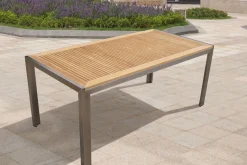 Outlet Garten-Essgruppe, schwarz, Edelstahl/Teak, Esstisch 180 x 90 cm, 6 Stapelstühle gepolstert Garten-Essgruppen|Edelstahl-Gartenmöbel