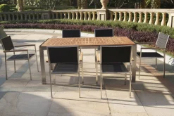 Outlet Garten-Essgruppe, schwarz, Edelstahl/Teak, Esstisch 180 x 90 cm, 6 Stapelstühle gepolstert Garten-Essgruppen|Edelstahl-Gartenmöbel