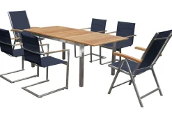 Clearance Garten-Essgruppe, schwarz, 180/240 x 100 cm, Edelstahl/Teak, Ausziehtisch, 4 Stühle padded, 2 Klappstühle, FSC®-zertifiziertes Produkt Edelstahl-Gartenmöbel