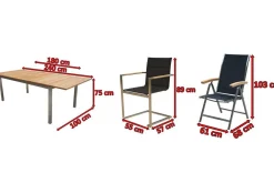 Clearance Garten-Essgruppe, schwarz, 180/240 x 100 cm, Edelstahl/Teak, Ausziehtisch, 4 Stühle padded, 2 Klappstühle, FSC®-zertifiziertes Produkt Edelstahl-Gartenmöbel
