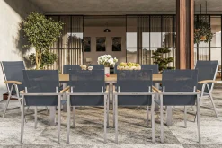 Garten-Essgruppe, schwarz, 200/300 x 100 cm, Edelstahl/Teak, Ausziehtisch, 8 Stapelstühle, 2 Klappstühle, FSC®-zertifiziertes Produkt Garten-Essgruppen|Edelstahl-Gartenmöbel