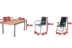Best Garten-Essgruppe, schwarz, 150 x 90 cm, Edelstahl/Teak, Ausziehtisch, 6 Stühle, 2 Klappstühle Garten-Essgruppen