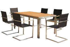 Online Garten-Essgruppe, schwarz, Edelstahl/Teak, Esstisch 200 x 90 cm, 6 Stapelstühle gepolstert Garten-Essgruppen|Edelstahl-Gartenmöbel
