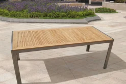 Online Garten-Essgruppe, schwarz, Edelstahl/Teak, Esstisch 200 x 90 cm, 6 Stapelstühle gepolstert Garten-Essgruppen|Edelstahl-Gartenmöbel