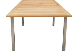 Clearance Garten-Essgruppe, schwarz, Edelstahl/Teak, Tisch 180/240 x 100 cm, 6 Stapelstühle gepolstert, FSC®-zertifiziertes Produkt Garten-Essgruppen