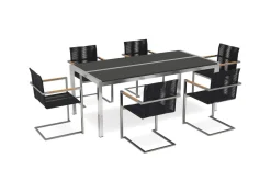 Clearance Gartenessgruppe, schwarz/silber, Edelstahl/FSC-Teak/Rope, Tisch 200x100cm, 6 Freischwinger, witterungsbeständig Garten-Essgruppen|Edelstahl-Gartenmöbel