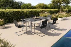 Hot Garten-Essgruppe, schwarz/graphite, Edelstahl/Glaskeramik, Tisch 200x100cm, 6 Freischwinger-Stühle, pflegeleicht Garten-Essgruppen