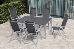 Sale Garten-Essgruppe, silber/anthrazit, Alu/Spraystone/Textilen, 160x95 cm, 6 Klappstühle Garten-Essgruppen