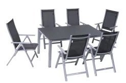 Sale Garten-Essgruppe, silber/anthrazit, Alu/Spraystone/Textilen, 160x95 cm, 6 Klappstühle Garten-Essgruppen