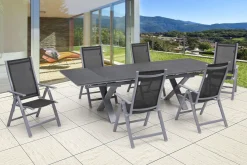 New Garten-Essgruppe, silber, Alu / Spraystone / Textil, Tisch 180/280x100cm, 6 Klappstühle Aluminium-Gartenmöbel