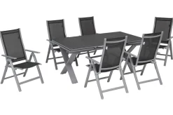 New Garten-Essgruppe, silber, Alu / Spraystone / Textil, Tisch 180/280x100cm, 6 Klappstühle Aluminium-Gartenmöbel