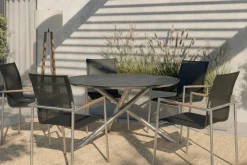 Clearance Garten-Essgruppe, silber/anthrazit, Edelstahl/Glaskeramik/Textilene, Tisch Ø150cm, 5 Personen Edelstahl-Gartenmöbel