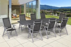 Sale Garten-Essgruppe, silber, Alu / Spraystone / Textil, Tisch 180/280x100cm, 8 Klappstühle Garten-Essgruppen