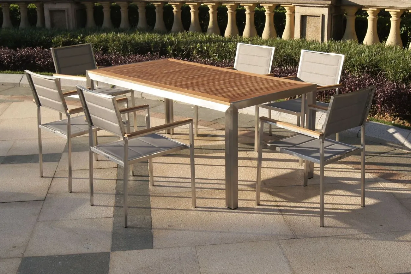 Clearance Garten-Essgruppe, silber, Edelstahl/Teak, Esstisch 180 x 90 cm, 6 Stapelstühle gepolstert Garten-Essgruppen|Edelstahl-Gartenmöbel