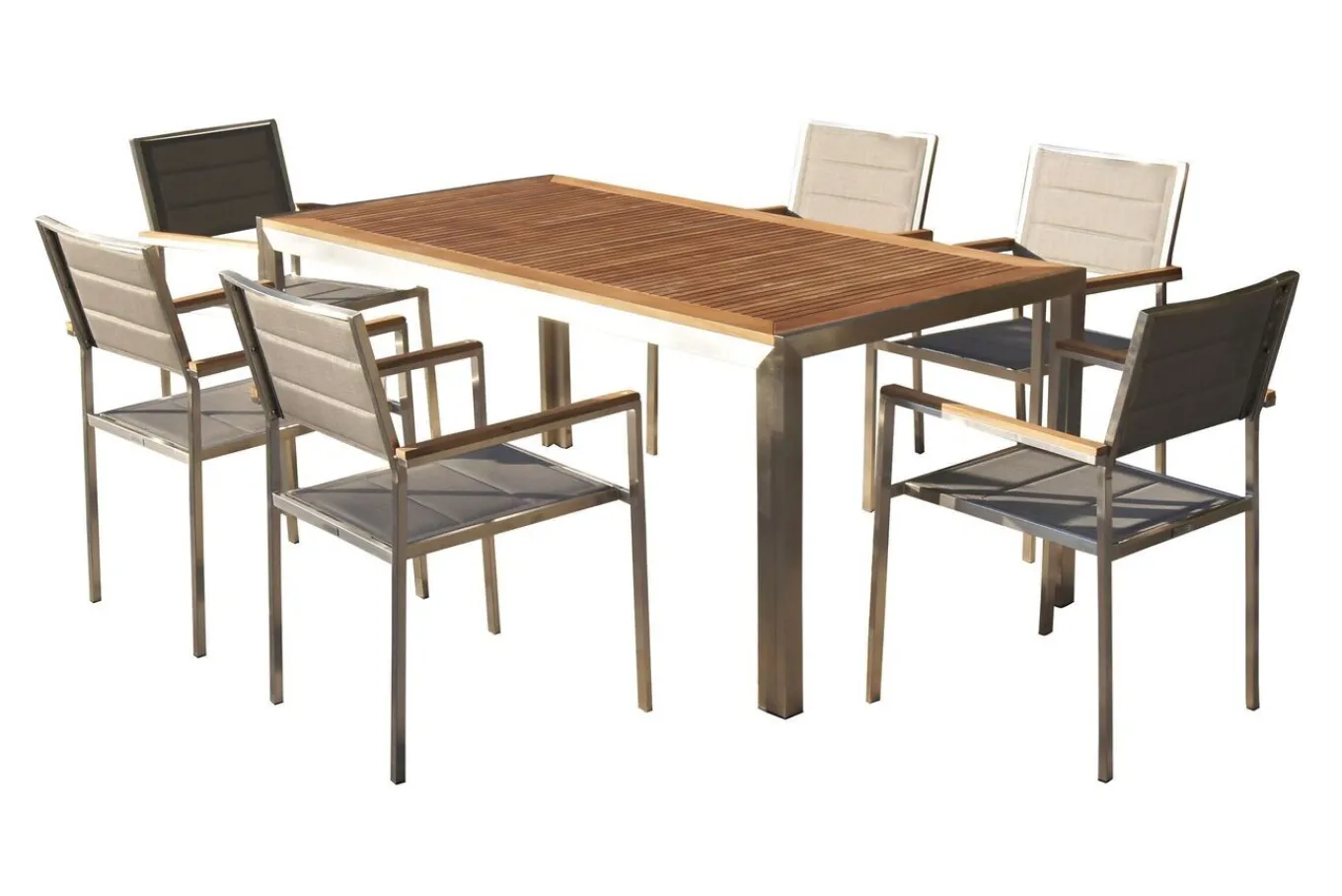 Clearance Garten-Essgruppe, silber, Edelstahl/Teak, Esstisch 180 x 90 cm, 6 Stapelstühle gepolstert Garten-Essgruppen|Edelstahl-Gartenmöbel