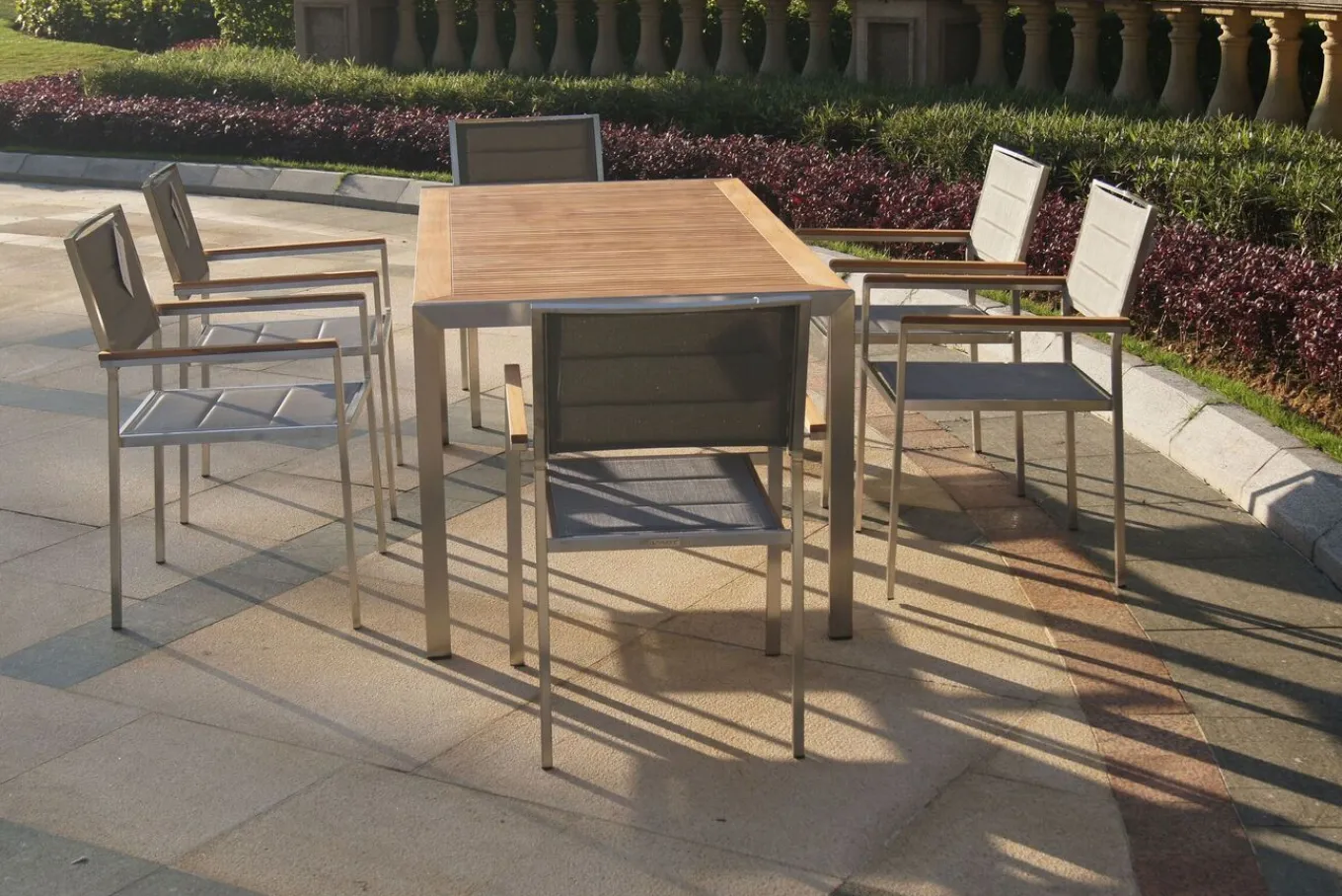 Clearance Garten-Essgruppe, silber, Edelstahl/Teak, Esstisch 180 x 90 cm, 6 Stapelstühle gepolstert Garten-Essgruppen|Edelstahl-Gartenmöbel