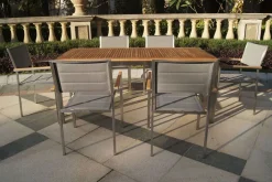 Clearance Garten-Essgruppe, silber, Edelstahl/Teak, Esstisch 180 x 90 cm, 6 Stapelstühle gepolstert Garten-Essgruppen|Edelstahl-Gartenmöbel
