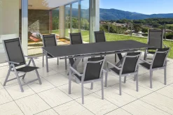 Best Garten-Essgruppe, silber, Alu / Keramik / Textil, Tisch 180/280 x 100 cm, 6 Stapelsessel, 2 Klappstühle Garten-Essgruppen