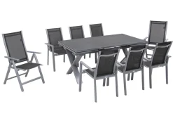 Best Garten-Essgruppe, silber, Alu / Keramik / Textil, Tisch 180/280 x 100 cm, 6 Stapelsessel, 2 Klappstühle Garten-Essgruppen