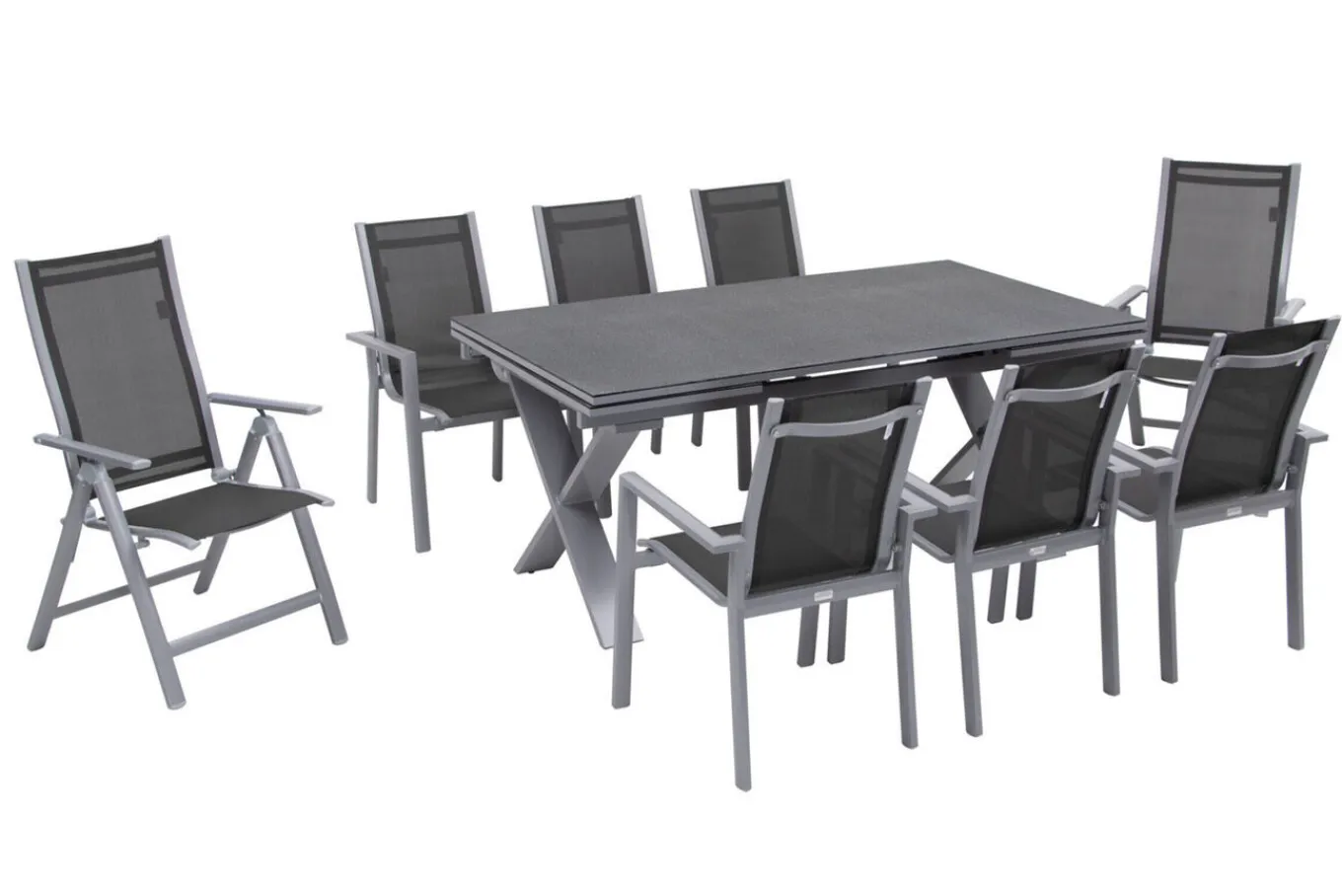 Best Garten-Essgruppe, silber, Alu / Keramik / Textil, Tisch 180/280 x 100 cm, 6 Stapelsessel, 2 Klappstühle Garten-Essgruppen
