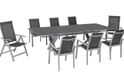 Best Garten-Essgruppe, silber, Alu / Keramik / Textil, Tisch 180/280 x 100 cm, 6 Stapelsessel, 2 Klappstühle Garten-Essgruppen