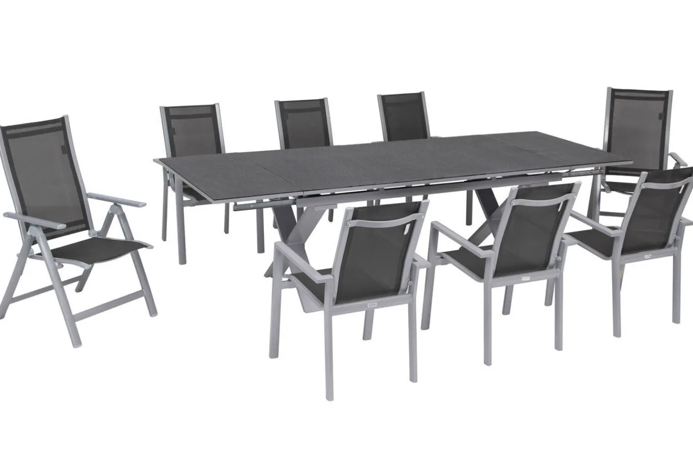 Best Garten-Essgruppe, silber, Alu / Keramik / Textil, Tisch 180/280 x 100 cm, 6 Stapelsessel, 2 Klappstühle Garten-Essgruppen