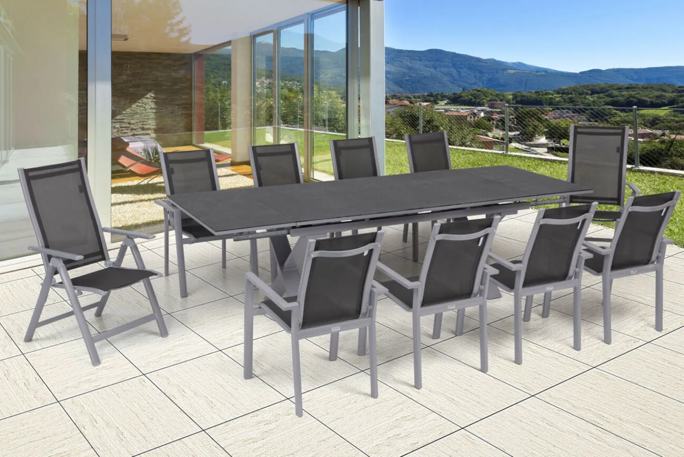 New Garten-Essgruppe, silber, Alu / Keramik / Textil, Tisch 180/280 x 100 cm, 8 Stapelsessel, 2 Klappstühle Garten-Essgruppen