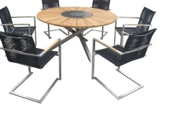 Hot Garten-Essgruppe, silber/schwarz, Edelstahl/Teak, Esstisch Ø 170 cm, 6 Freischwinger, FSC®-zertifiziertes Produkt Garten-Essgruppen|Edelstahl-Gartenmöbel