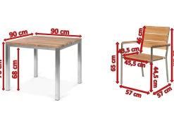 Best Garten-Essgruppe, silber, Edelstahl/recyceltes Teak, Tisch 90 x 90 cm, 4 Stapelsessel, FSC®-zertifiziertes Produkt Garten-Essgruppen|Edelstahl-Gartenmöbel