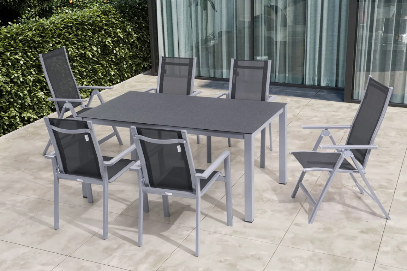 Discount Garten-Essgruppe, silber/anthrazit, Alu/Spraystone/Textilen, 160 x 95 cm, 4 Stapelsessel, 2 Klappstühle Garten-Essgruppen|Aluminium-Gartenmöbel