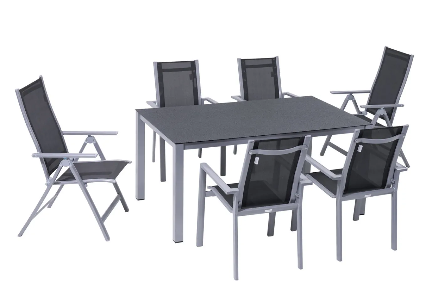 Discount Garten-Essgruppe, silber/anthrazit, Alu/Spraystone/Textilen, 160 x 95 cm, 4 Stapelsessel, 2 Klappstühle Garten-Essgruppen|Aluminium-Gartenmöbel