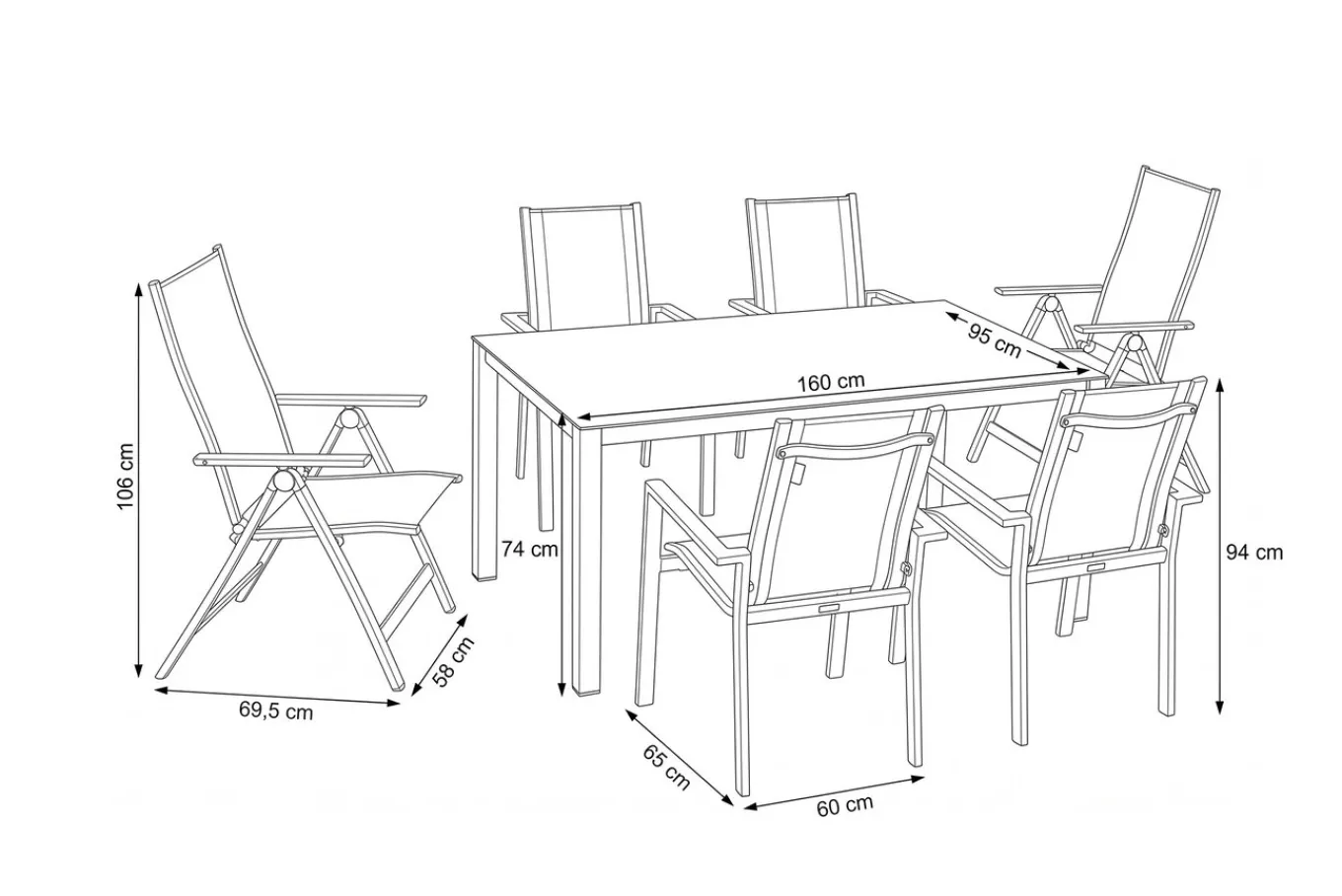 Discount Garten-Essgruppe, silber/anthrazit, Alu/Spraystone/Textilen, 160 x 95 cm, 4 Stapelsessel, 2 Klappstühle Garten-Essgruppen|Aluminium-Gartenmöbel