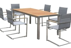 Discount Garten-Essgruppe, silber, Edelstahl/Teak, Tisch 180x90cm, 6 Sessel gepolstert Garten-Essgruppen|Edelstahl-Gartenmöbel