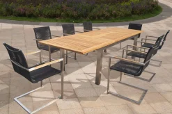 Outlet Garten-Essgruppe, silber/schwarz, Edelstahl/Teak, Ausziehtisch 200-300 x 100 cm, 8 Freischwinger, FSC®-zertifiziertes Produkt Garten-Essgruppen