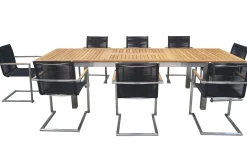 Outlet Garten-Essgruppe, silber/schwarz, Edelstahl/Teak, Ausziehtisch 200-300 x 100 cm, 8 Freischwinger, FSC®-zertifiziertes Produkt Garten-Essgruppen