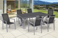 Clearance Garten-Essgruppe, silber, Alu / Spraystone / Textil, Tisch 180/280x100cm, 6 Stapelsessel Garten-Essgruppen|Aluminium-Gartenmöbel