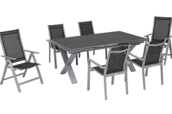 Best Garten-Essgruppe, silber, Alu / Keramik / Textil, Tisch 180/280 x 100 cm, 4 Stapelsessel, 2 Klappstühle Garten-Essgruppen|Aluminium-Gartenmöbel