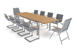 Hot Garten-Essgruppe, silber, 200/300 x 100 cm, Edelstahl/Teak, Ausziehtisch, 8 Stühle padded, 2 Klappstühle, FSC®-zertifiziertes Produkt Garten-Essgruppen