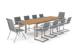 Hot Garten-Essgruppe, silber, 200/300 x 100 cm, Edelstahl/Teak, Ausziehtisch, 8 Stühle padded, 2 Klappstühle, FSC®-zertifiziertes Produkt Garten-Essgruppen