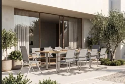 Hot Garten-Essgruppe, silber, 200/300 x 100 cm, Edelstahl/Teak, Ausziehtisch, 8 Stühle padded, 2 Klappstühle, FSC®-zertifiziertes Produkt Garten-Essgruppen