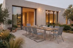 Hot Garten-Essgruppe, silber, 200/300 x 100 cm, Edelstahl/Teak, Ausziehtisch, 8 Stühle padded, 2 Klappstühle, FSC®-zertifiziertes Produkt Garten-Essgruppen