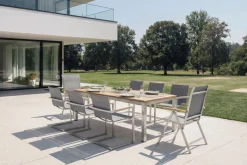 Outlet Garten-Essgruppe, silber, 200/300 x 100 cm, Edelstahl/Teak, Ausziehtisch, 6 Stühle padded, 2 Klappstühle, FSC®-zertifiziertes Produkt Garten-Essgruppen|Edelstahl-Gartenmöbel